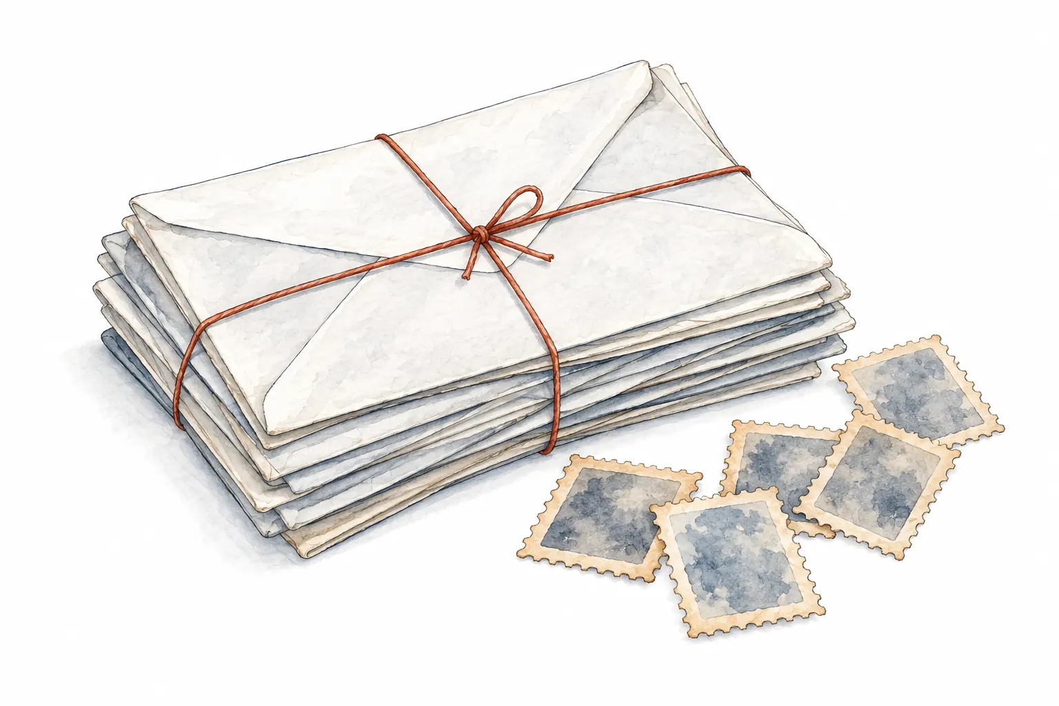 ひもで束ねた古い封筒と、日焼けした切手のイラスト