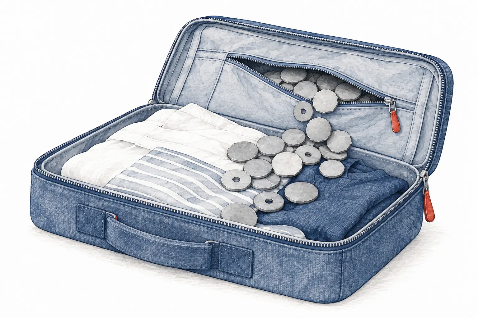 旅行かばんのポケットからこぼれた硬貨のイラスト